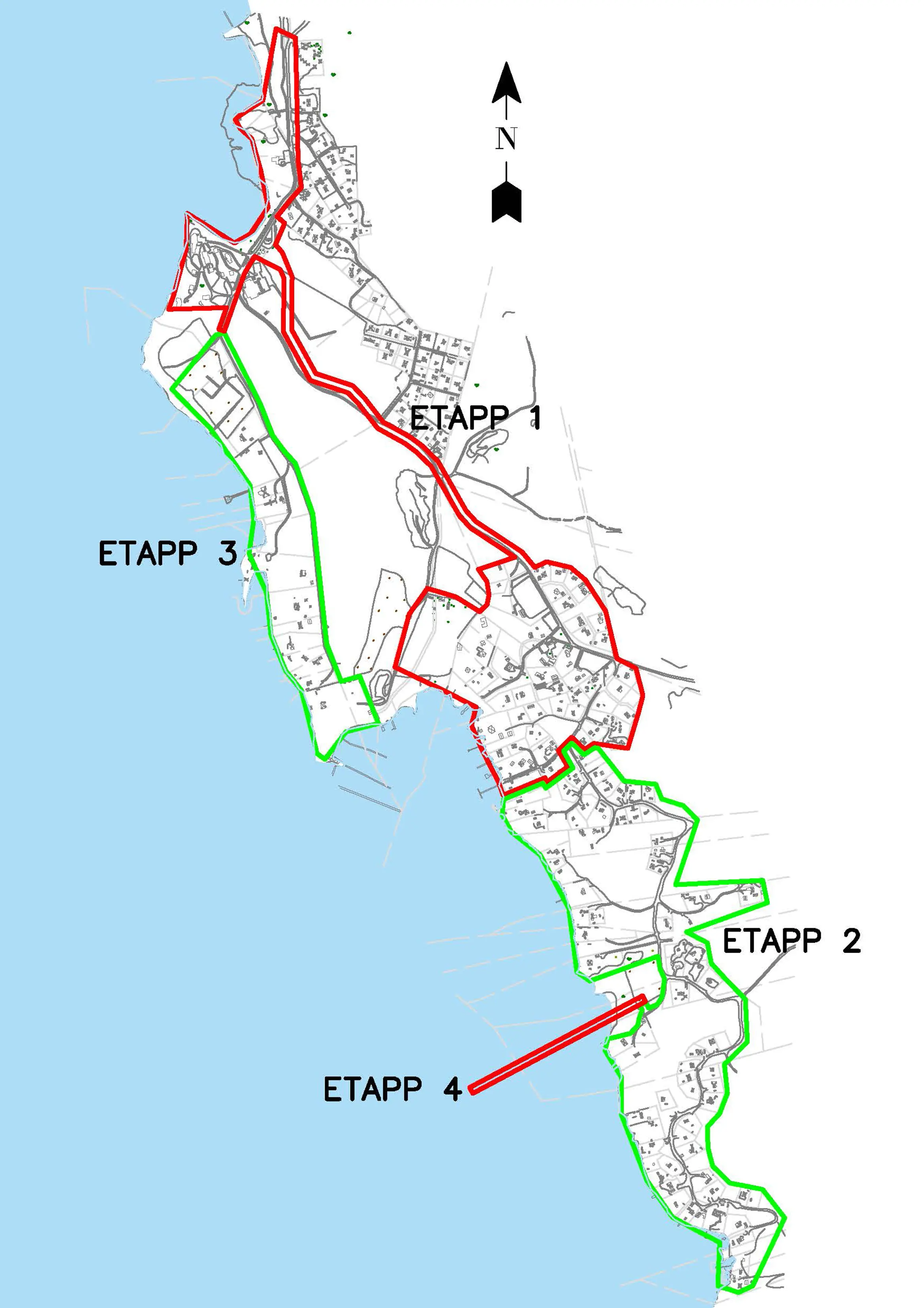 Illustrationen visar områden för etapp 1 till 4